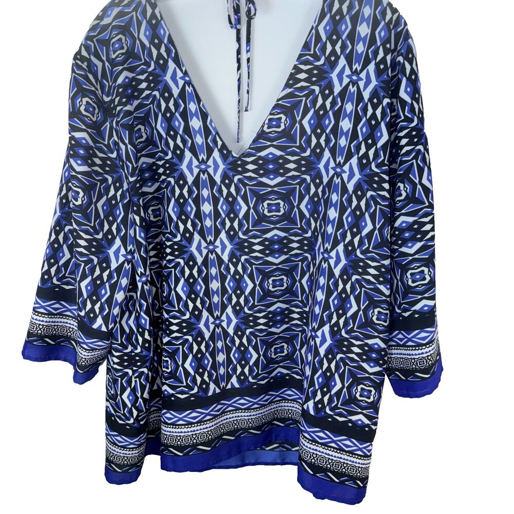 Chicos XL Womens Blue Geometric V Neck Blouse Tie Back 3/4 Sleeve Coastal Resort